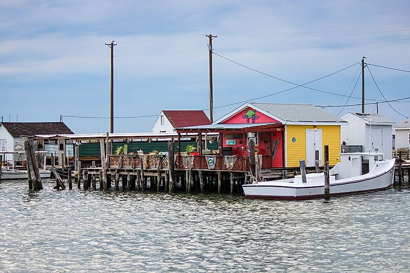 Fishing shacks by the bay in Tangier Island, Virginia.