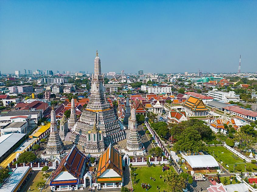 Aerial view of the pagoda of the Wat Arun Buddhist temple in Bangkok, Thailan