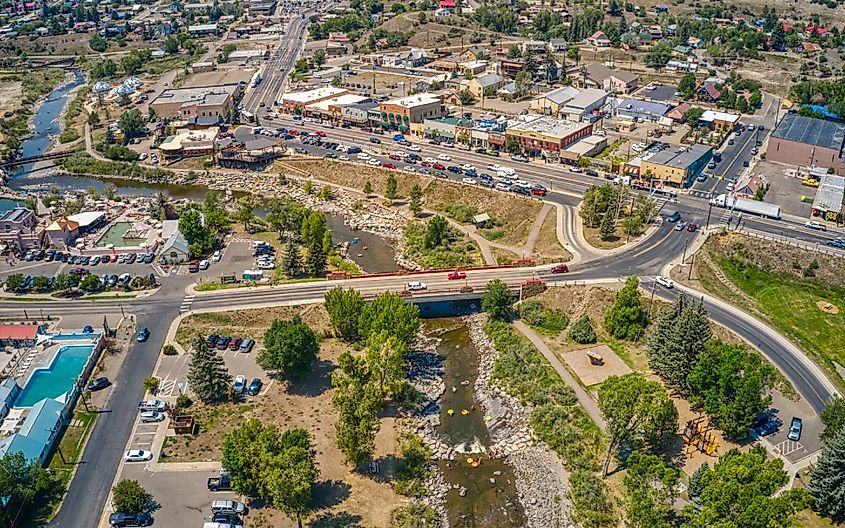 Aerial View of the Town of Pagosa Springs, Colorado which is famous with Tourists for its multiple Hot Springs