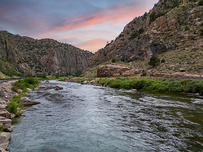 Aerial photo of the Arkansas River flowing between mountains near Cotopaxi, Colorado