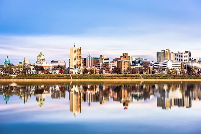 The downtown skyline of Harrisburg, Pennsylvania, on the Susquehanna River.