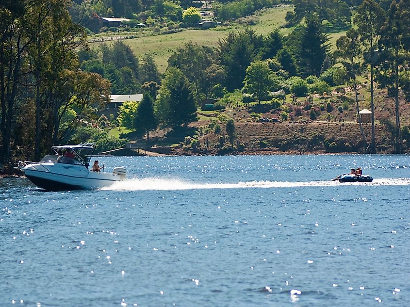Water sports in action on Lake Barrington involving a ski boat towing a tube.