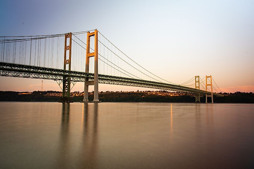 Tacoma Narrows Bridge at sunset.