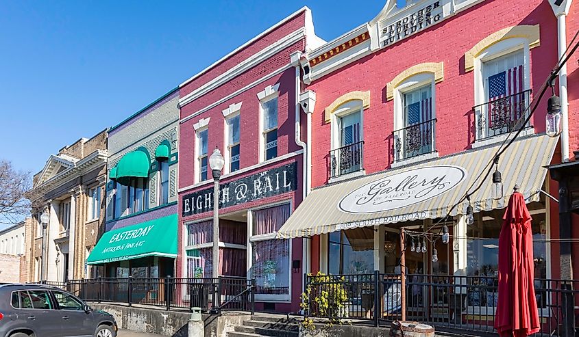 Historic buildings along Railroad Avenue in Opelika's downtown historic district.