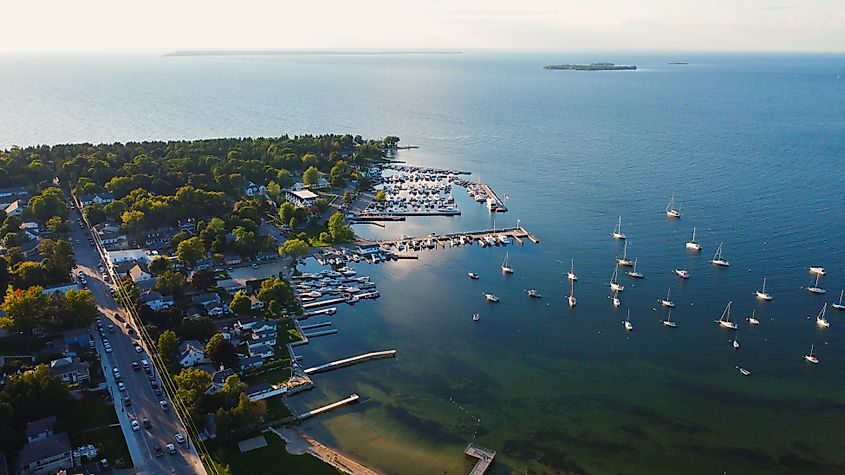 Beautiful aerial sunset on the water in Fish Creek, Wisconsin.