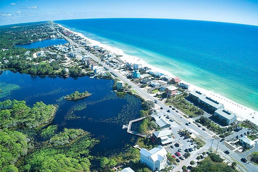 Aerial view of Santa Rosa Beach, Florida, showcasing the town, beach, and ocean.