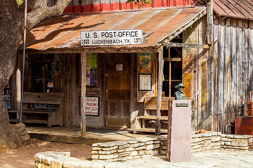 The oldest building in town serving as a combination post office, general store, souvenir shop and saloon in Luckenbach, Texas