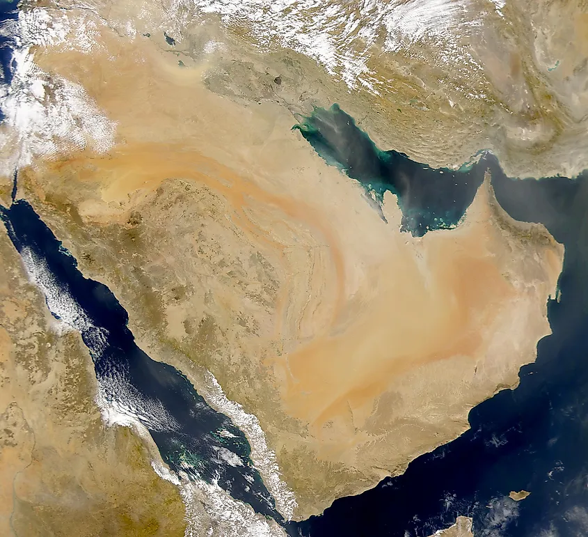 Satellite imagery of the Arabian Peninsula.