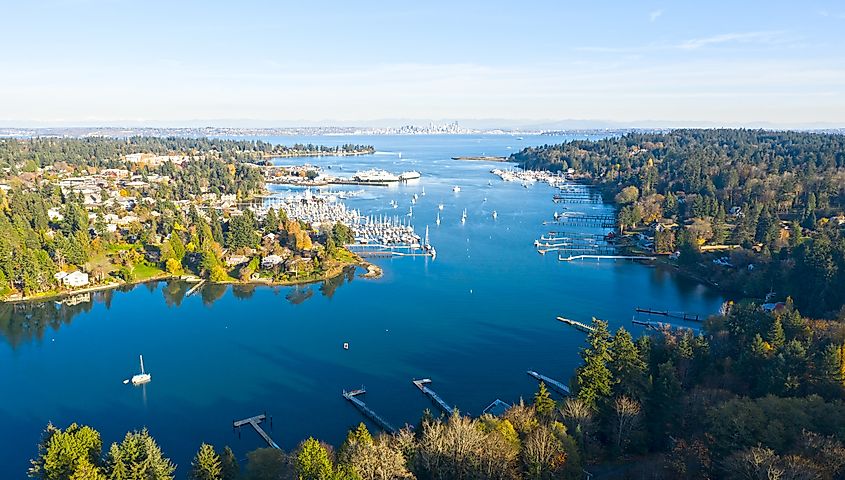 The panoramic view of Bainbridge Island Harbor in Winslow, Washington, on a sunny day showcases a vibrant and tranquil landscape. The harbor is bustling with boats, framed by charming waterfront buildings and lush greenery. The bright blue sky and sunlight reflect off the water, highlighting the island's natural beauty and the serene atmosphere of the harbor.