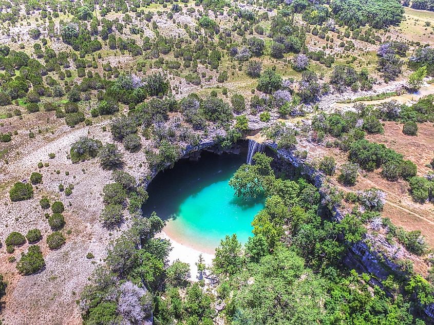 Aerial drone view of Hamilton Pool in Dripping Springs Texas