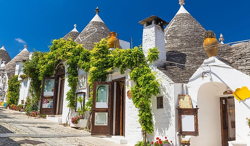 Beautiful town of Alberobello with trulli houses among green plants and flowers, main touristic district