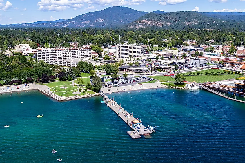 Aerial view of the beach with families enjoying the sunshine and lake in Coeur d'Alene, Idaho.