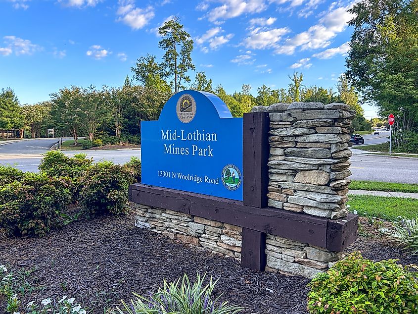 Mid-Lothian Mines Park entrance in Midlothian, Virginia.