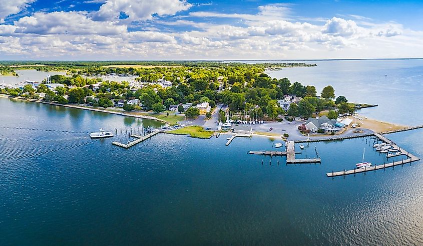 Aerial panoramic view of Oxford, Maryland.