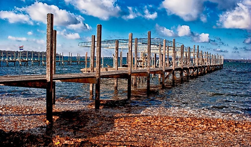 A dock on West Lake Okoboji during the Fall.