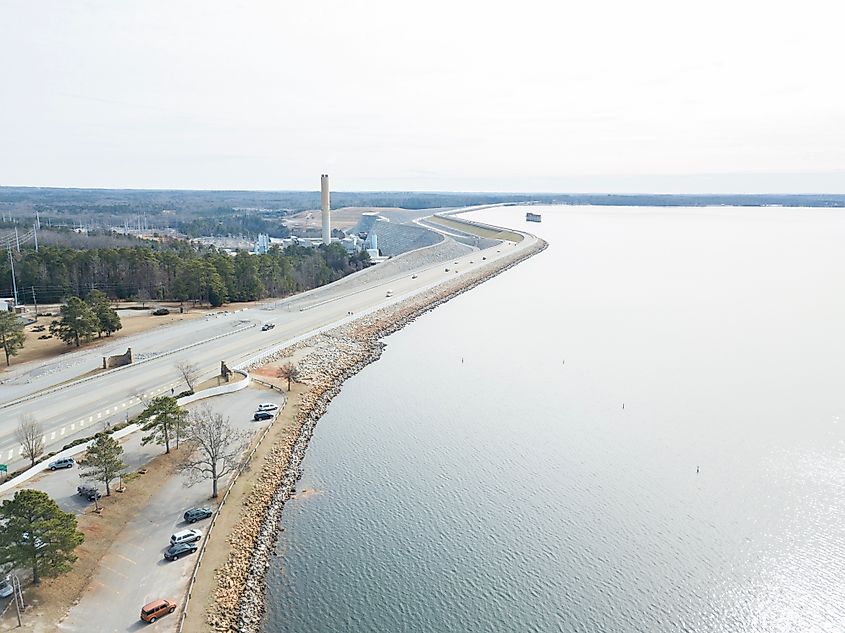 Aerial photograph of Lake Murray Dam in Lexington, South Carolina.