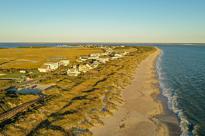 Aerial view of the coastline at Oak Island, North Carolina.