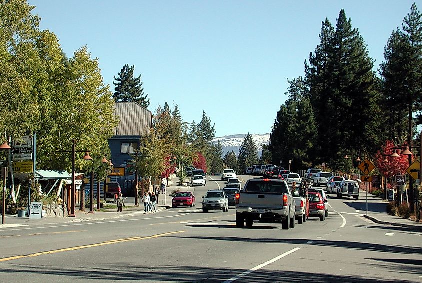 North Lake Boulevard (California State Route 28), in Tahoe City, California looking northeast.