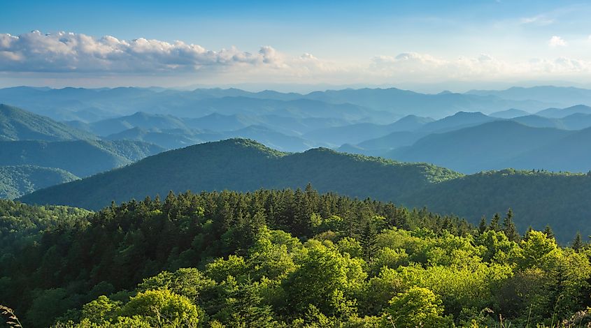 A panoramic view of the Smoky Mountains from the Blue Ridge Parkway in North Carolina. 