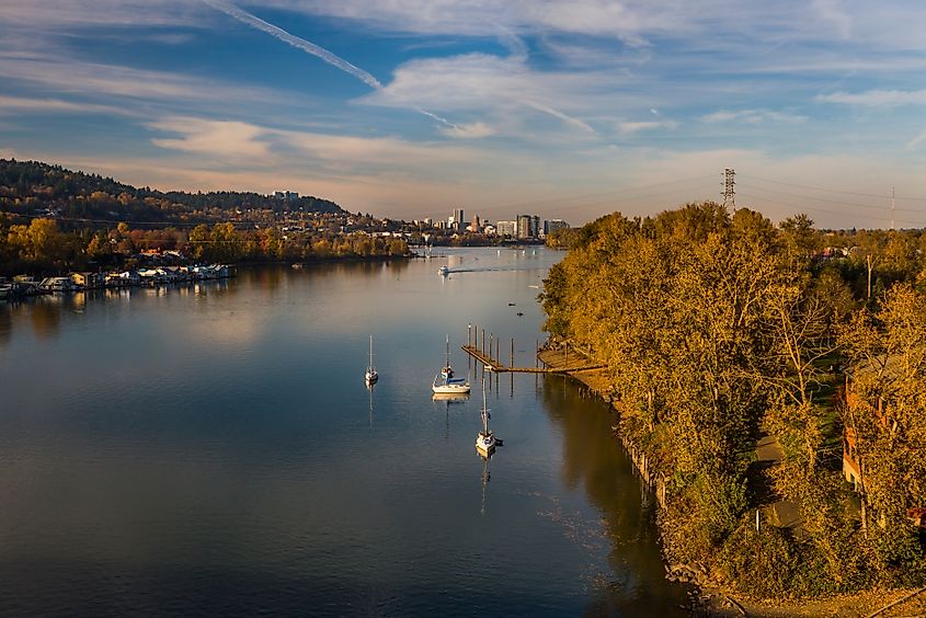 Willamette River in Oregon in the Milwaukie area with Portland in the background.