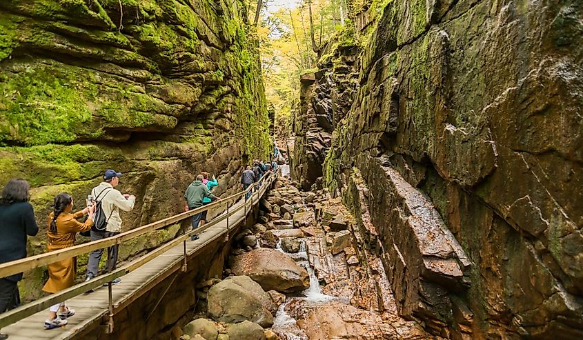 Flume gorge in the fall time in Franconia Notch State Park, New Hampshire.