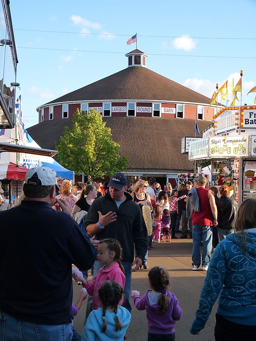 Central Wisconsin State Fair, with world's largest round barn in background.