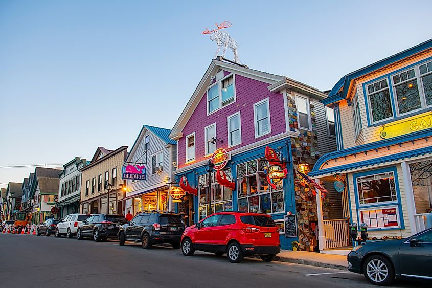 Geddy's Restaurant at sunset at 19 Main Street in historic town center of Bar Harbor, Maine, USA. Editorial credit: Wangkun Jia / Shutterstock.com