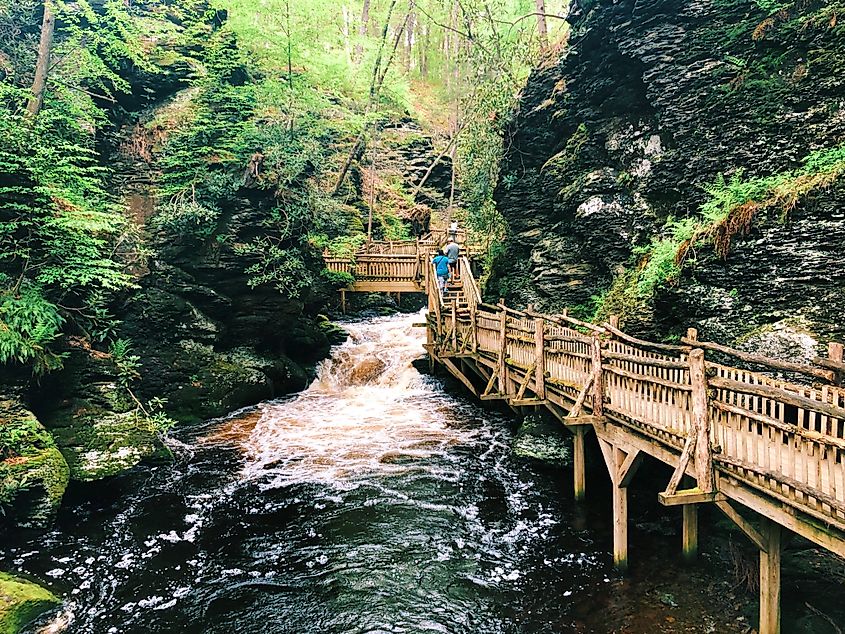 The boardwalk and stairs through Bushkill Falls, Pennsylvania.