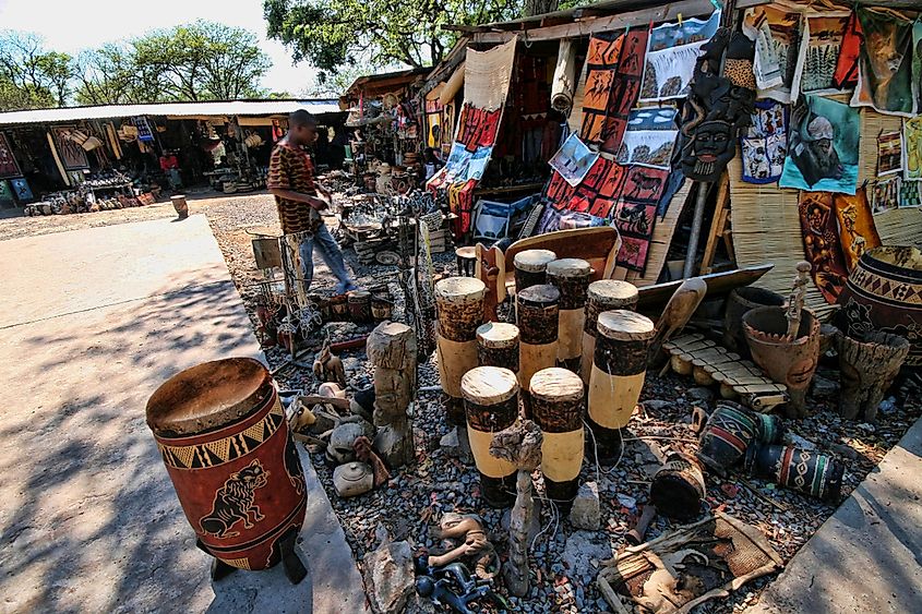 Locally made souvenirs on sale in Victoria Falls, Zambia.