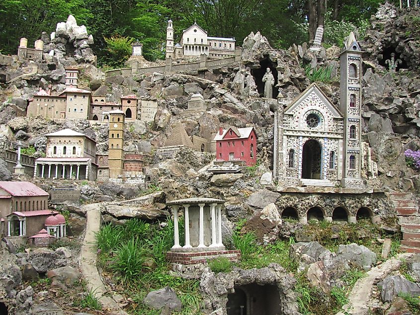 Miniature reproductions of religious structures worldwide, created by a local monk, adorn Ave Maria Grotto in Cullman, Alabama. Editorial credit: Larry Porges / Shutterstock.com