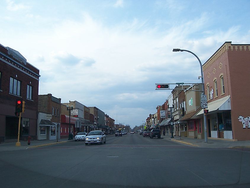 Looking north at the Shawano Main Street Historic District in Shawano, Wisconsin along Wisconsin Highway 22