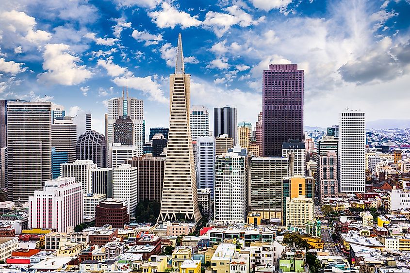 The skyline of San Francisco, California, with the bay in the foreground.