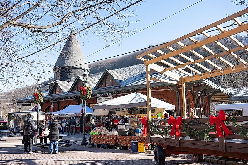Historic downtown in Jim Thorpe, Pennsylvania, during the holiday season.