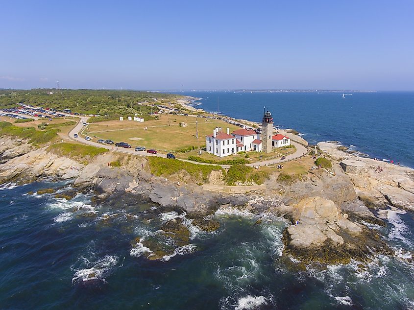 Aerial view of the Beavertail Lighthouse in the Beavertail State Park