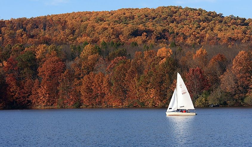 A sailboat on Lake Nockamixon in Bucks County, Pennsylvania