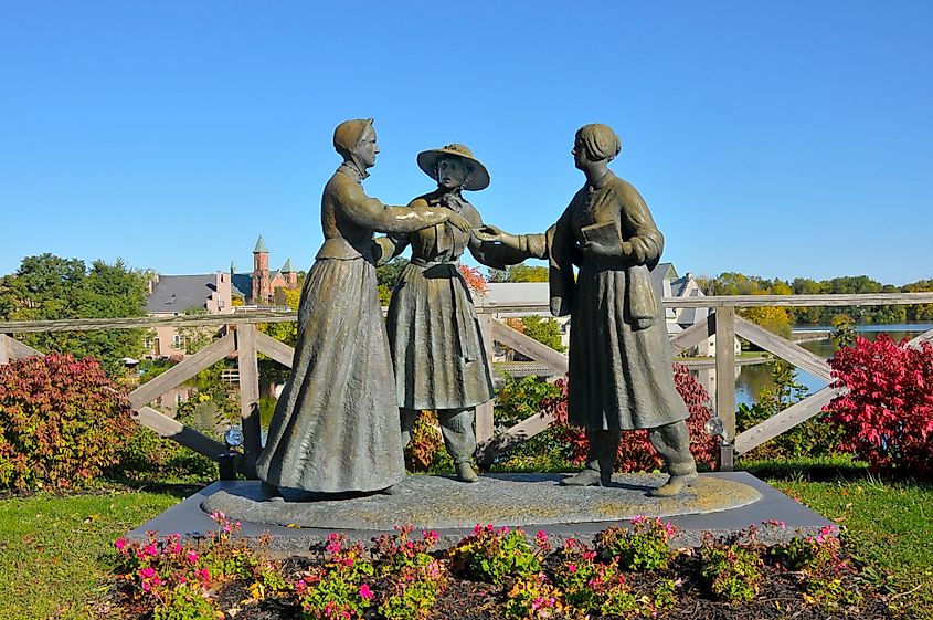 Statue of Susan B. Anthony, Amelia Bloomer, and Elizabeth Cady Stanton in Seneca Falls. Credit: Dennis MacDonald / Shutterstock.com