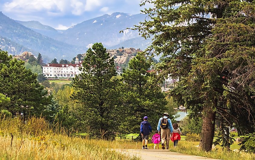 Three generations of a family hiking near Estes Park, Colorado.