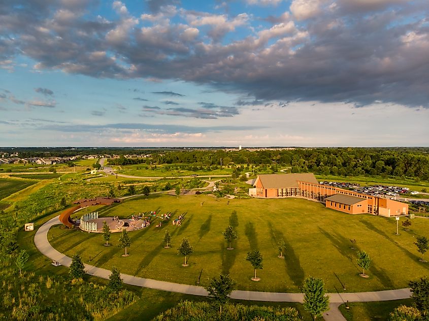 Aerial view of a park in Marion, Iowa.