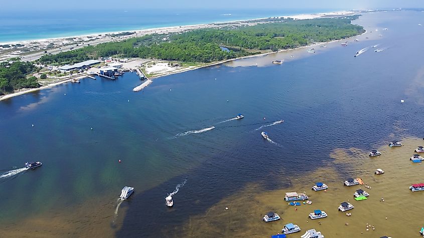 Aerial view of boats along Okaloosa Island in Florida.