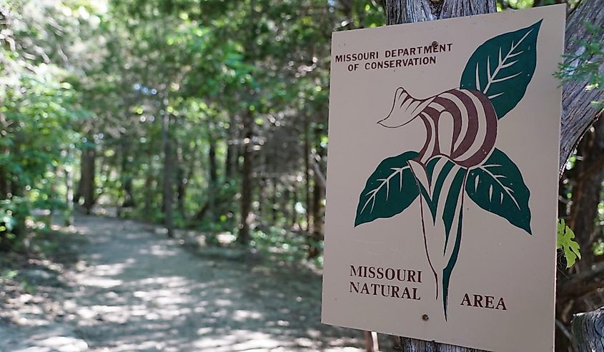 The flower sign into the trail of the natural area by Ruth and Paul Henning Conservation Area, Branson, Missouri..