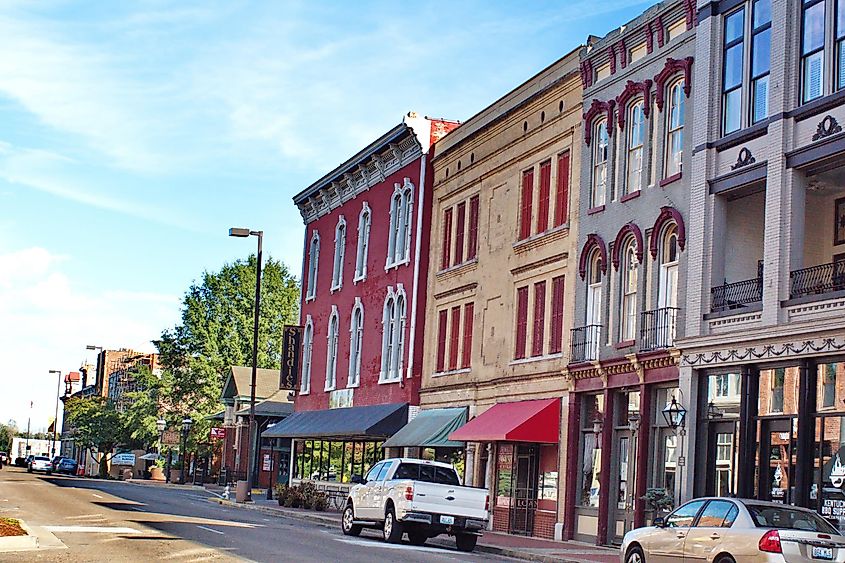 Row of colorful, historic buildings on the main street in the downtown area, via Angela N Perryman / Shutterstock.com