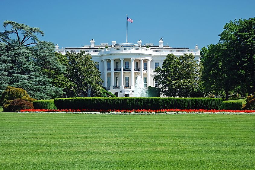 The White House in Washington, D.C., viewed from the north lawn with the central portico.