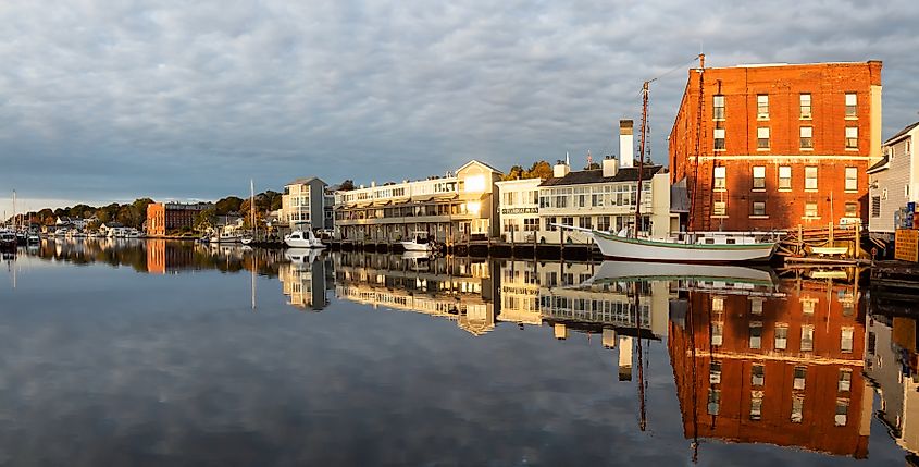 Panoramic view of historic homes along the Mystic River in Mystic, Stonington, Connecticut