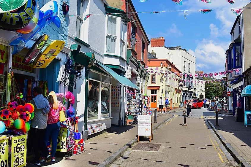 Tenby, Pembrokeshire, Wales, The view of St George's Street taken from just inside the Arches gateway.
