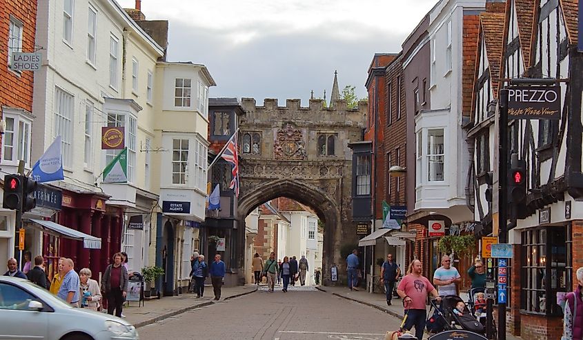 Buildings and people in downtown Salisbury, England