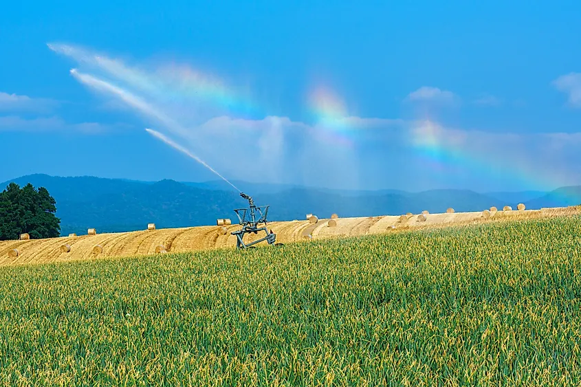 Rainbow created by irrigation sprinkler over farmland in Biei Furano, Hokkaido Japan. A rainbow forming from water spray of an irrigation sprinkler over farmland in Biei and Furano, Hokkaido, Japan. The peaceful agricultural landscape shows the natural beauty of rural northern Japan.