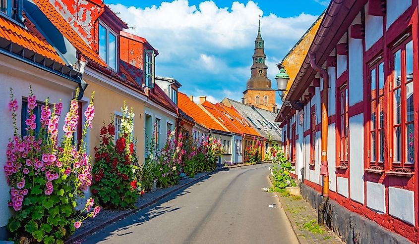 Traditional colorful street in Swedish town Ystad.