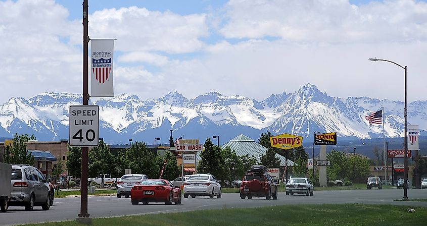 The San Juan Mountains seen from Montrose's South Townsend Avenue.