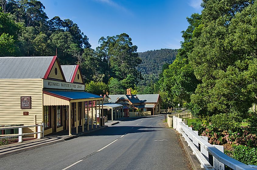Main Street of the former gold mining town of Walhalla, Victoria, Australia.