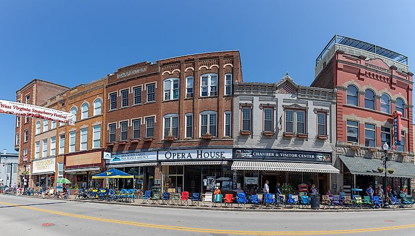 Historic buildings along Main Street in Buckhannon, West Virginia.